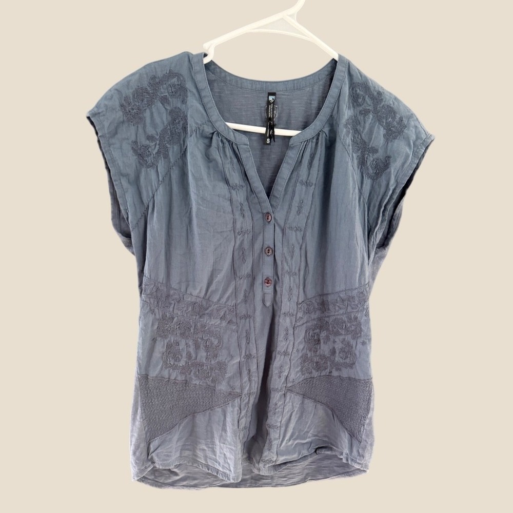 KUHL Womens Blue Organic Cotton Embroidered Cap Sleeve Boho Top Small